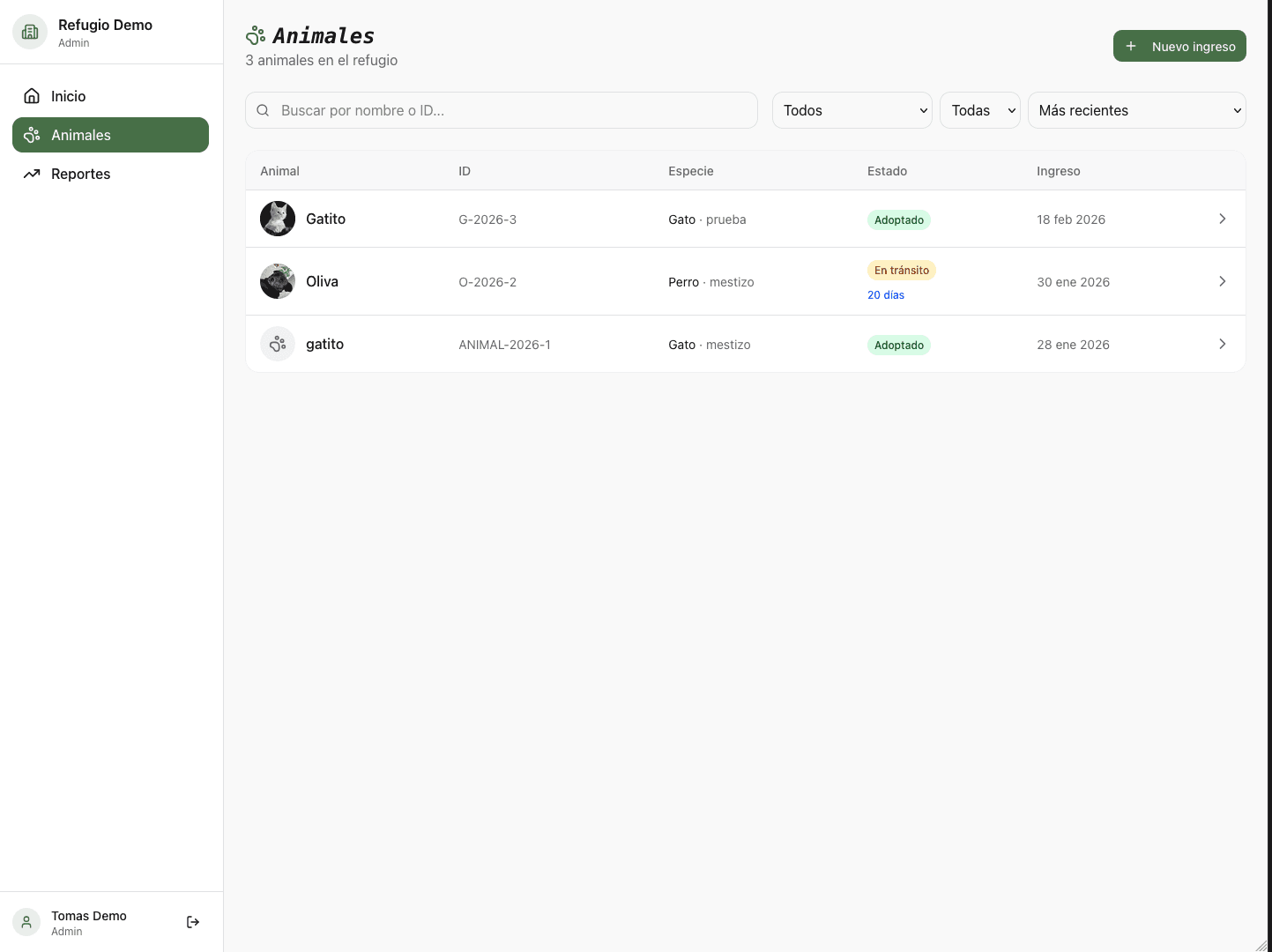 Animals list view